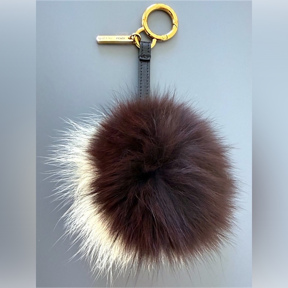 Authentic FENDI Fox Fur Pompom Bag Charm Bicolor Brown & Cream Gold Hardware